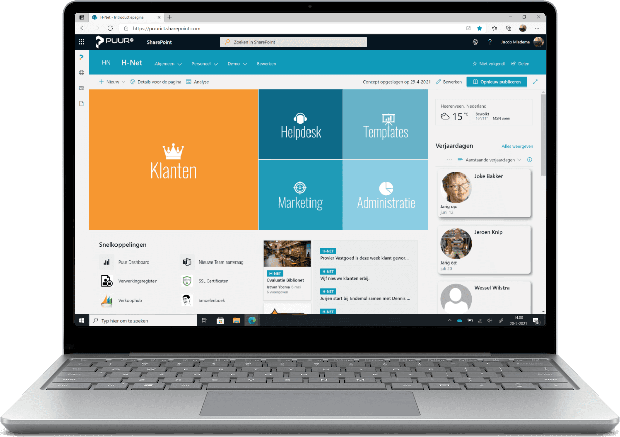 Homepage SharePoint Intranet van Puur ICT