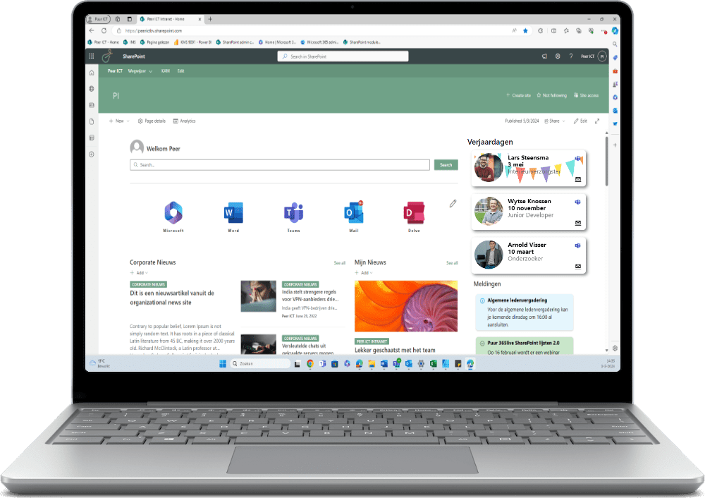 Intranet in SharePoint met verjaardagenlijst in een laptop