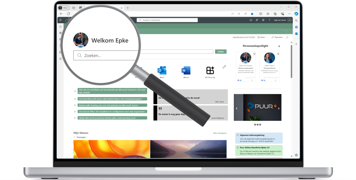 Welkomst bericht en zoekbalk in SharePoint - Microsoft